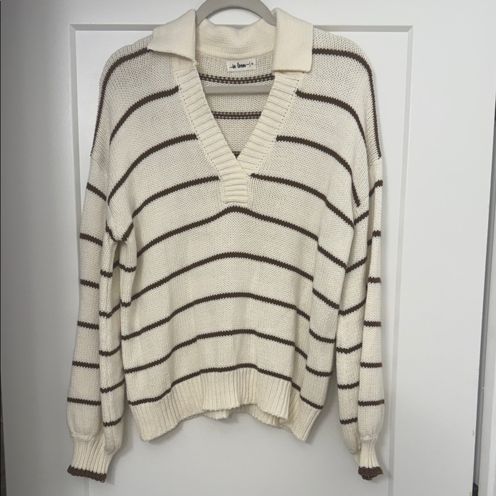 Cream and Brown Striped V-Neck Sweater